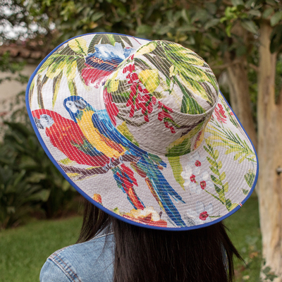 Cotton sun hat, 'Tropical World' (4.5-inch brim) - Tropical Cotton Sun Hat with Blue Piping and 4.5-Inch Brim