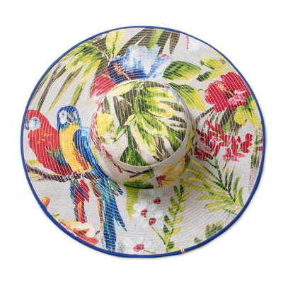 Cotton sun hat, 'Tropical Space' - Tropical Cotton Sun Hat with Blue Piping and 4.5-Inch Brim