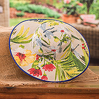 Cotton sun hat, 'Tropical World' - Tropical Cotton Sun Hat with Blue Piping and 4-Inch Brim