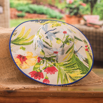 Cotton sun hat, 'Tropical World' (4-inch brim) - Tropical Cotton Sun Hat with Blue Piping and 4-Inch Brim