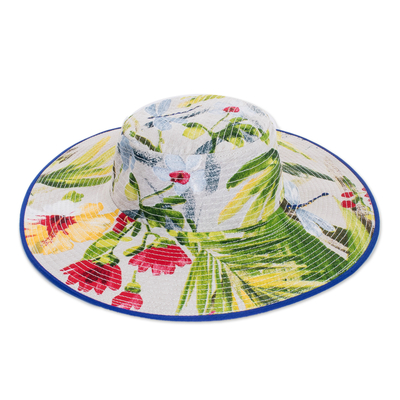 Tropical Cotton Sun Hat with Blue Piping and 4-Inch Brim
