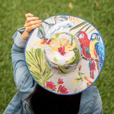Sombrero de algodón para el sol (ala de 4 pulgadas) - Sombrero de algodón tropical con ribete azul y ala de 4 pulgadas