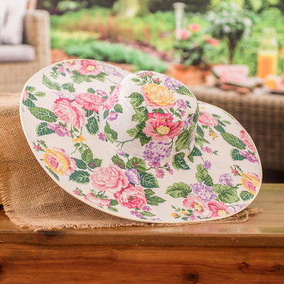 Floral Cotton Sun Hat with Ivory Piping and 6-Inch Brim - Floral World