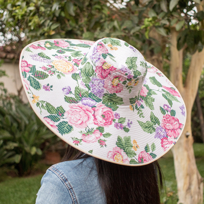 Cotton sun hat, 'Floral World' (6-inch brim) - Floral Cotton Sun Hat with Ivory Piping and 6-Inch Brim