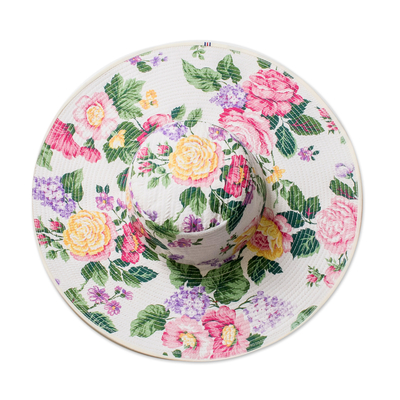 Cotton sun hat, 'Floral Space' - Floral Cotton Sun Hat with Ivory Piping and 4.5-Inch Brim