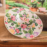 Cotton sun hat, 'Floral World' - Floral Cotton Sun Hat with Ivory Piping and 4-Inch Brim