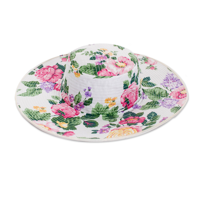 Floral Cotton Sun Hat with Ivory Piping and 4-Inch Brim