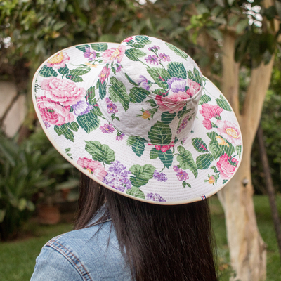 Floral Cotton Sun Hat with Ivory Piping and 4-Inch Brim - Floral World