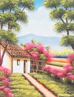 'Magical Landscape' - Stretched Oil Impressionist Painting of House and Trees