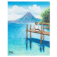 'Comalapense de visita' - Pintura impresionista al óleo estirada del lago guatemalteco