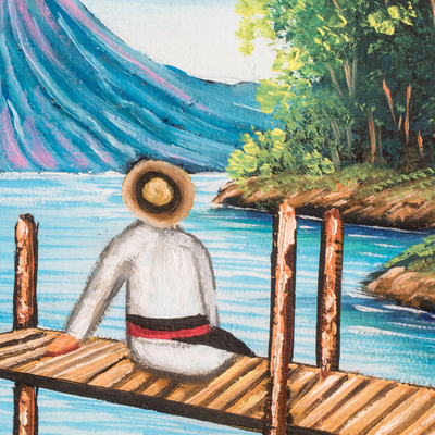 'Comalapense on a Visit' - Stretched Oil Impressionist Painting of Guatemalan Lake