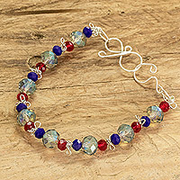 Crystal beaded bracelet, 'Luminous Moonshine' - Silver-Toned Copper Bracelet with Colorful Crystals