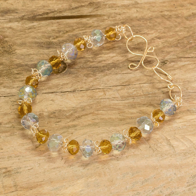 Crystal beaded bracelet, 'Crystalline Sunset' - Polymer-Coated Copper Bracelet with Yellow Crystal Beads