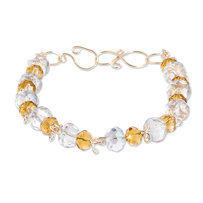 Crystal beaded bracelet, 'Crystalline Sunset' - Polymer-Coated Copper Bracelet with Yellow Crystal Beads