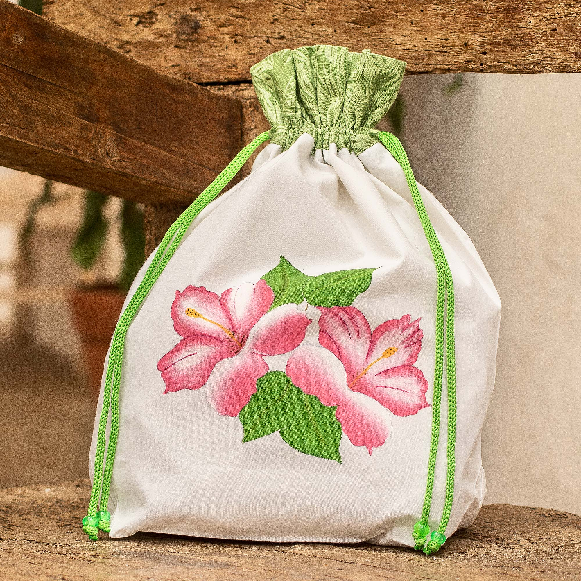 Hand-Painted Floral Cotton Pouch in Ivory and Green Hues - Spring