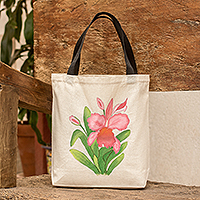 Cotton tote bag, 'Pink Blossoming' - Hand-Painted Floral Cotton Tote Bag in Green and Pink Tones