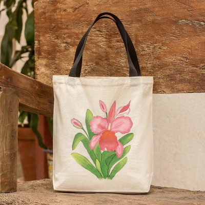 Hand-Painted Floral Cotton Tote Bag in Green and Pink Tones - Pink  Blossoming