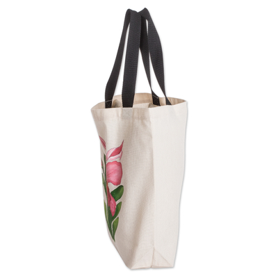 Cotton tote bag, 'Pink Blossoming' - Hand-Painted Floral Cotton Tote Bag in Green and Pink Tones