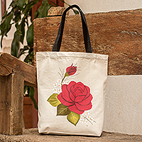 Cotton tote bag, 'Intense Springs' - Floral Cotton Tote Bag Hand-Painted in Red and Green Hues