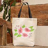 Cotton tote bag, 'Tender Springs' - Floral Cotton Tote Bag Hand-Painted in Pink and Green Hues