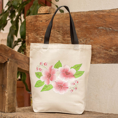 Baumwoll-Einkaufstasche - Blumen-Einkaufstasche aus Baumwolle, handbemalt in Rosa- und Grüntönen