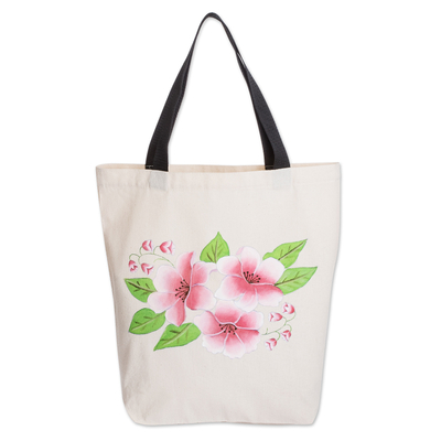 Floral Cotton Tote Bag Hand-Painted in Pink and Green Hues
