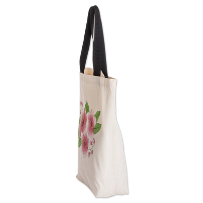 Baumwoll-Einkaufstasche - Blumen-Einkaufstasche aus Baumwolle, handbemalt in Rosa- und Grüntönen