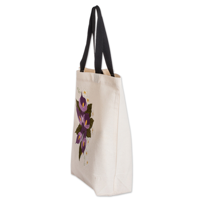 Cotton tote bag, 'Purple Flora' - Hand-Painted Cotton Tote Bag with Purple Floral Motifs