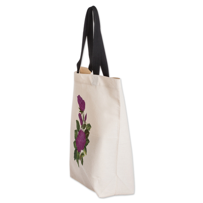 Baumwoll-Einkaufstasche - Handbemalte Baumwoll-Einkaufstasche mit magentafarbenen Blumenmotiven