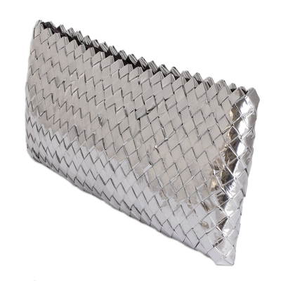Recycled metalized wrapper cosmetic bag, 'Shining Conviction' - Eco-Friendly Recycled Metalized Wrapper Cosmetic Bag