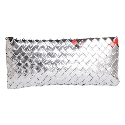 Recycled metalized wrapper cosmetic bag, 'Ecological Awareness' - Eco-Friendly Metalized Wrapper Cosmetic Bag with Red Accents