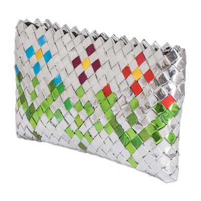 Recycled metalized wrapper cosmetic bag, 'Glowing Spring' - Eco-Friendly Floral Metalized Wrapper Cosmetic Bag