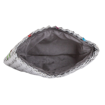 Recycled metalized wrapper cosmetic bag, 'Glowing Spring' - Eco-Friendly Floral Metalized Wrapper Cosmetic Bag