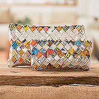 Recycled metalized wrapper cosmetic bags, 'Sparkling Party' (set of 2) - Set of 2 colourful Recycled Metalized Wrapper Cosmetic Bags