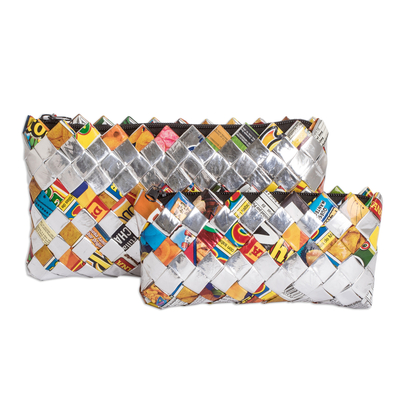 Recycled metalized wrapper cosmetic bags, 'Sparkling Party' (set of 2) - Set of 2 colourful Recycled Metalized Wrapper Cosmetic Bags