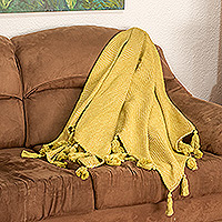 Cotton throw, 'Chic Chartreuse' - Handwoven Geometric Cotton Throw in Yellow with Tassels