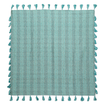 Manta de algodón - Manta de algodón a rayas tejida a mano en aguamarina y verde azulado con borlas
