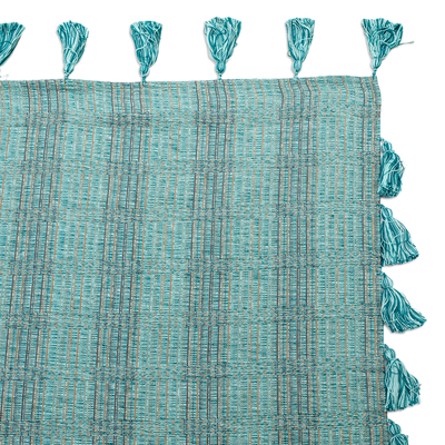 Cotton throw, 'Reef Inspiration' - Handwoven Striped Cotton Throw in Aqua and Teal with Tassels