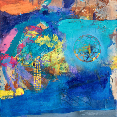 'Sowing Moon II' - Pintura abstracta firmada en acrílico y óleo en azul