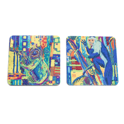 Rubber coasters, 'Tree Habitants' (set of 2) - Set of 2 Rubber Coasters with Monkey and Sloth Prints