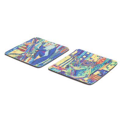 Rubber coasters, 'Tree Habitants' (set of 2) - Set of 2 Rubber Coasters with Monkey and Sloth Prints