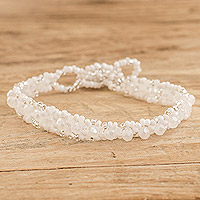Glass and crystal beaded bracelet, 'Magical Whispers in White' - Handcrafted White Glass and Crystal Beaded Bracelet