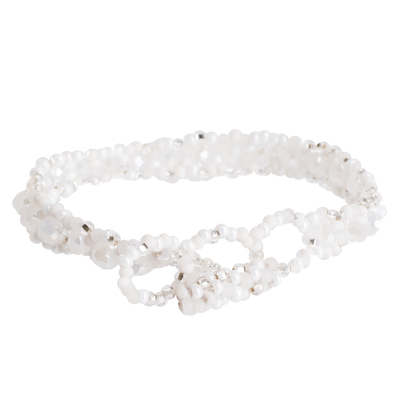 Glass and crystal beaded bracelet, 'Magical Whispers in White' - Handcrafted White Glass and Crystal Beaded Bracelet