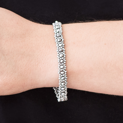Glass and crystal beaded bracelet, 'Magical Whispers in Grey' - Handcrafted Grey Glass and Crystal Beaded Bracelet