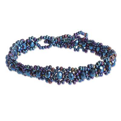 Glass and crystal beaded bracelet, 'Magical Whispers in Blue' - Handcrafted Blue Glass and Crystal Beaded Bracelet
