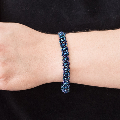Glass and crystal beaded bracelet, 'Magical Whispers in Blue' - Handcrafted Blue Glass and Crystal Beaded Bracelet