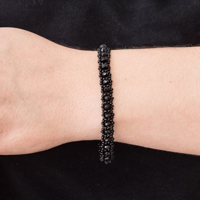 Glass and crystal beaded bracelet, 'Magical Whispers in Black' - Handcrafted Black Glass and Crystal Beaded Bracelet