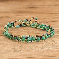 Glass and crystal beaded bracelet, 'Island Magical Whispers' - Handmade Green and Golden Glass and Crystal Beaded Bracelet