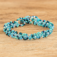 Glass and crystal beaded bracelet, 'Sky Magical Whispers' - Handcrafted Bright Blue Glass and Crystal Beaded Bracelet