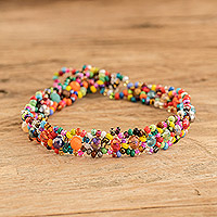 Glass and crystal beaded bracelet, 'Festive Magical Whispers' - Handcrafted Colorful Glass and Crystal Beaded Bracelet